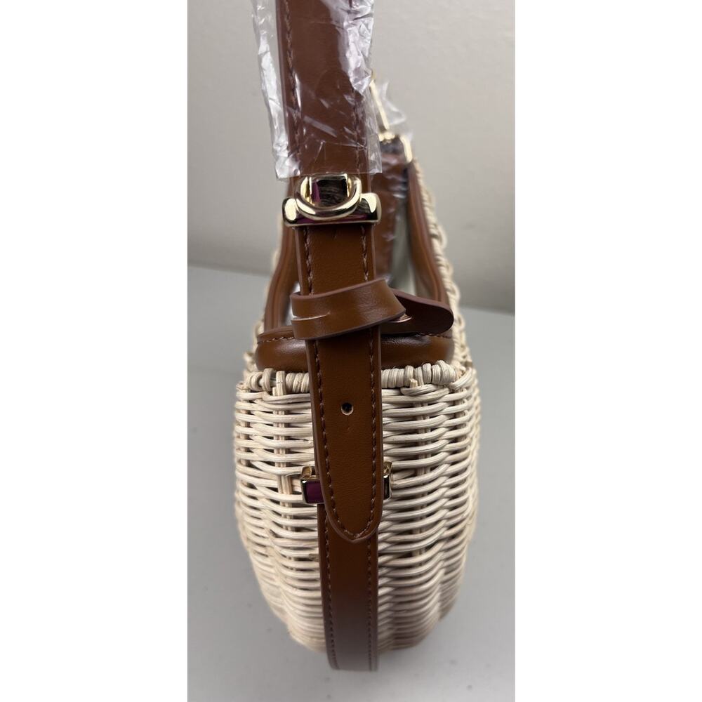 LOULU Woven Rattan Straw Saddle Bag Brown Faux Leather Handle Boho Purse - Picture 2 of 8